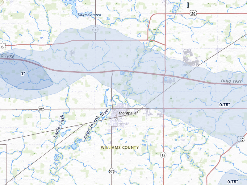 NEXRAD radar-signature map of the hail over Montpelier, OH