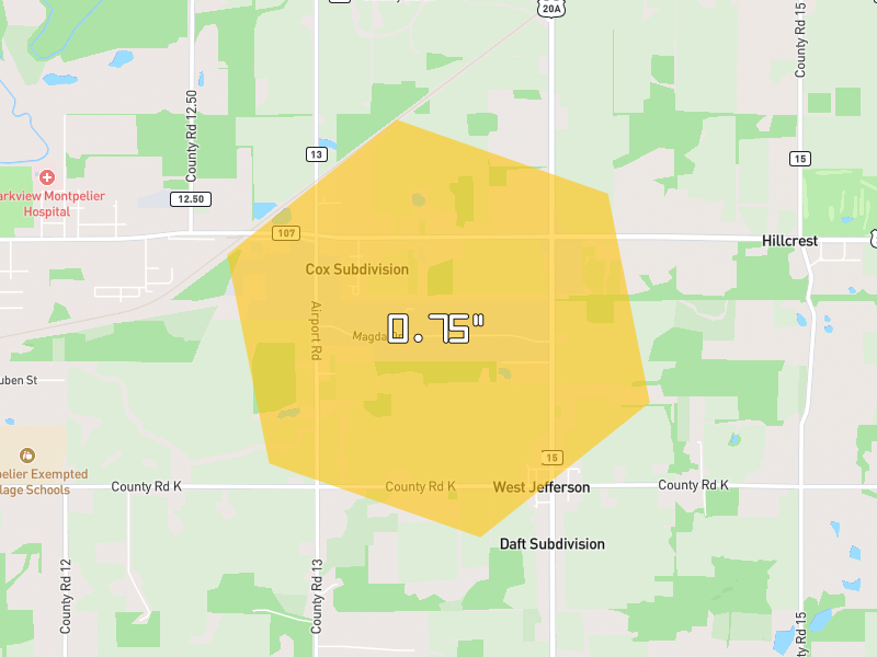 Hail map of Montpelier, OH on Jul 9, 2026, hail up to 0.75"
