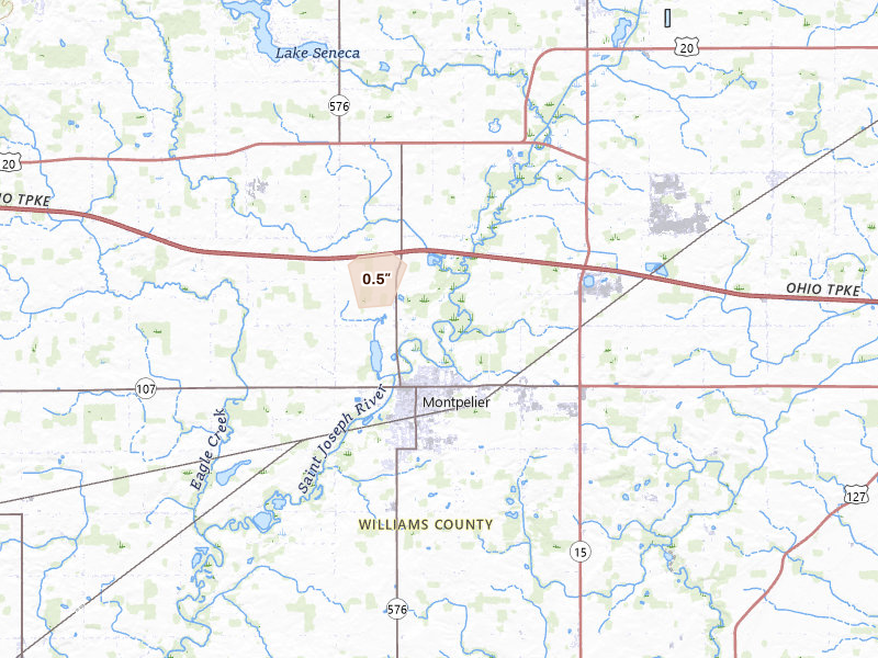 Radar-estimated hail-size map of the storm over Montpelier, OH on Jul 17, 2026