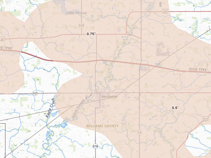 Radar-estimated hail-size map of the storm over Montpelier, OH on Sep 4, 2026