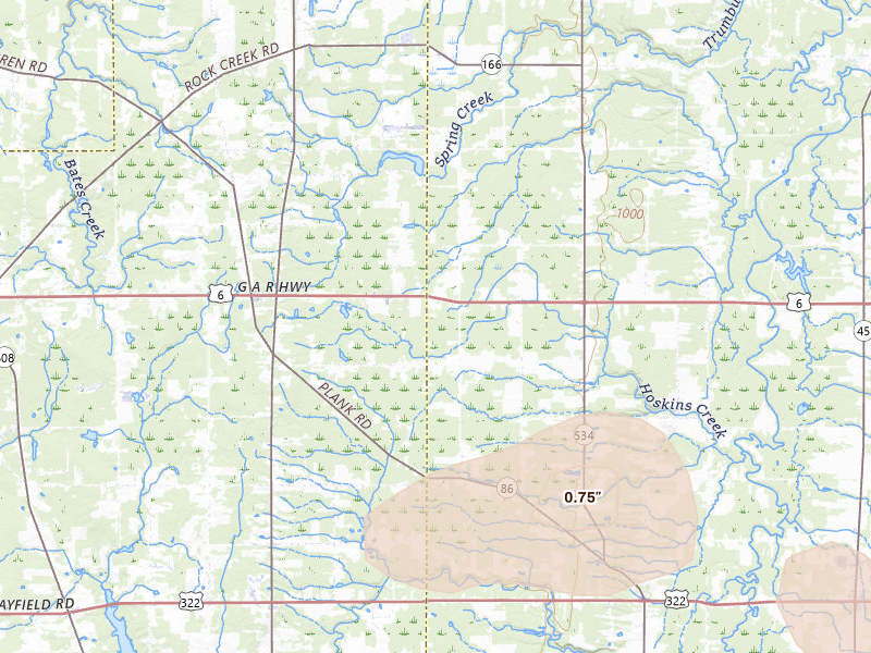 Radar-estimated hail-size map of the storm over Montville, OH on Jul 6, 2026