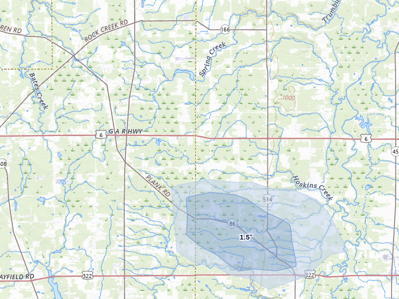 NEXRAD radar-signature map of the hail storm over Montville, OH on Jul 6, 2026