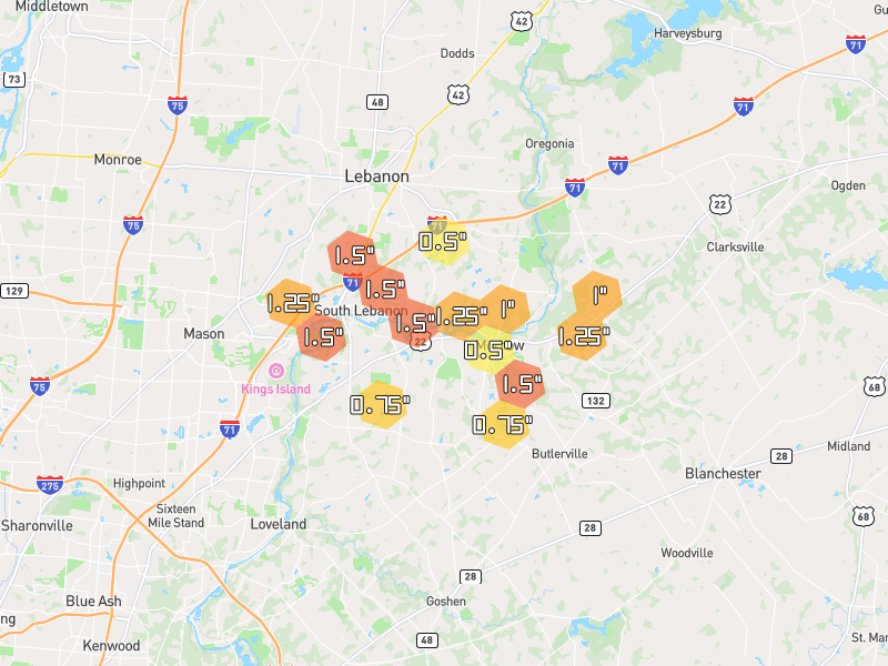 Hail map of Morrow, OH on Jul 21, 2026, hail up to 1.5"