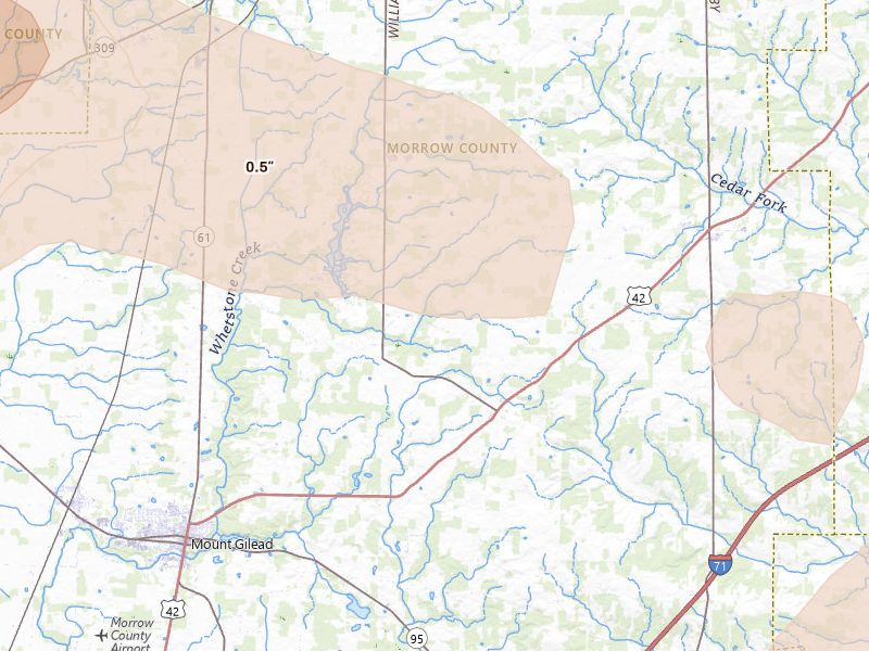 Radar-estimated hail-size map of the storm over Mount Gilead, OH on Mar 26, 2026
