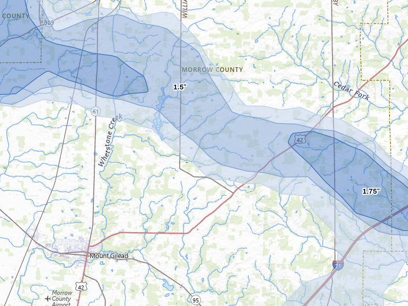 NEXRAD radar-signature map of the hail over Mount Gilead, OH