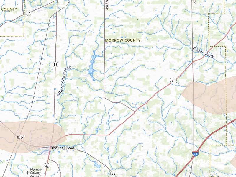 Radar-estimated hail-size map of the storm over Mount Gilead, OH on Apr 3, 2026