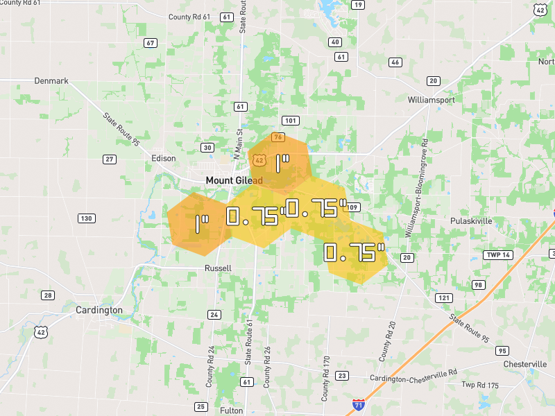 Hail map of Mount Gilead, OH on Jul 4, 2026, hail up to 1"