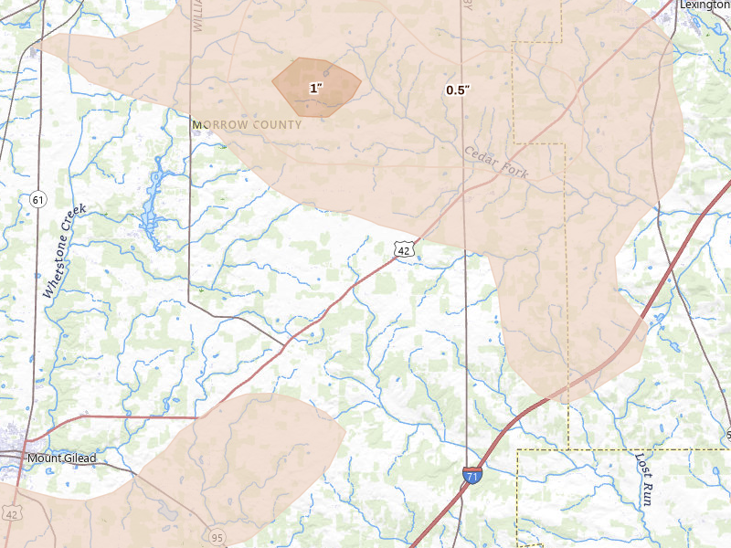 Radar-estimated hail-size map of the storm over Mount Gilead, OH on Aug 10, 2026
