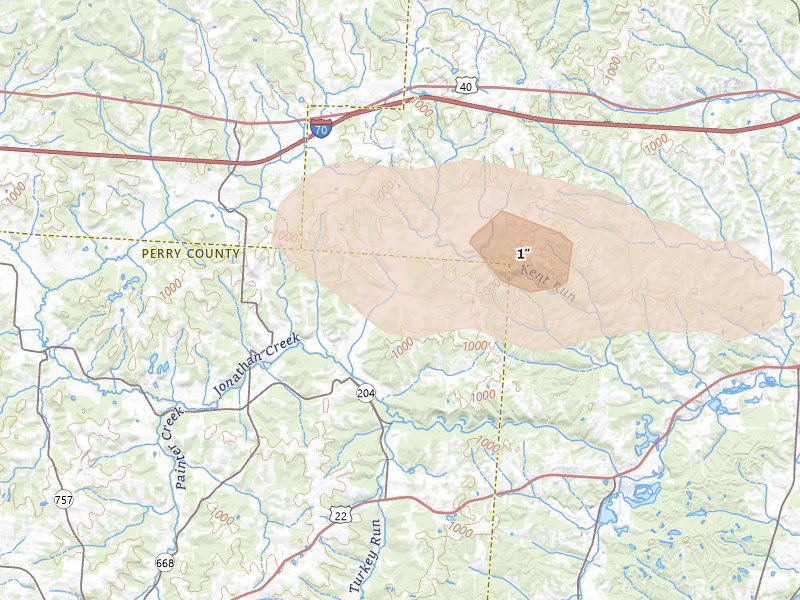 Radar-estimated hail-size map of the storm over Mount Perry, OH on Jun 6, 2026