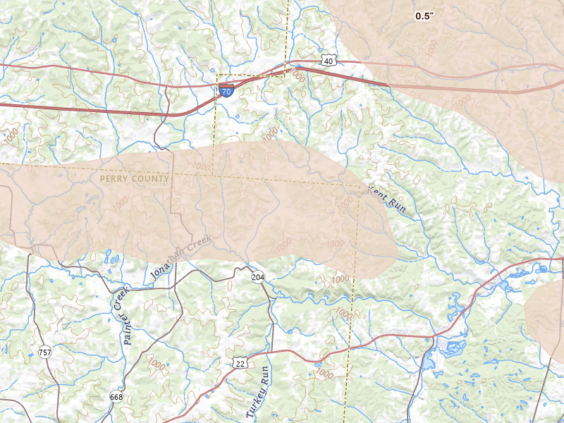 Radar-estimated hail-size map of the storm over Mount Perry, OH on Jul 21, 2026