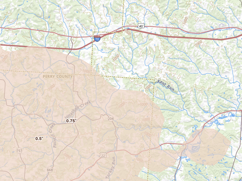Radar-estimated hail-size map of the storm over Mount Perry, OH on Aug 10, 2026