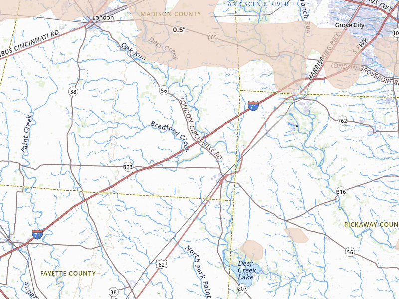 Radar-estimated hail-size map of the storm over Mount Sterling, OH on Mar 22, 2026