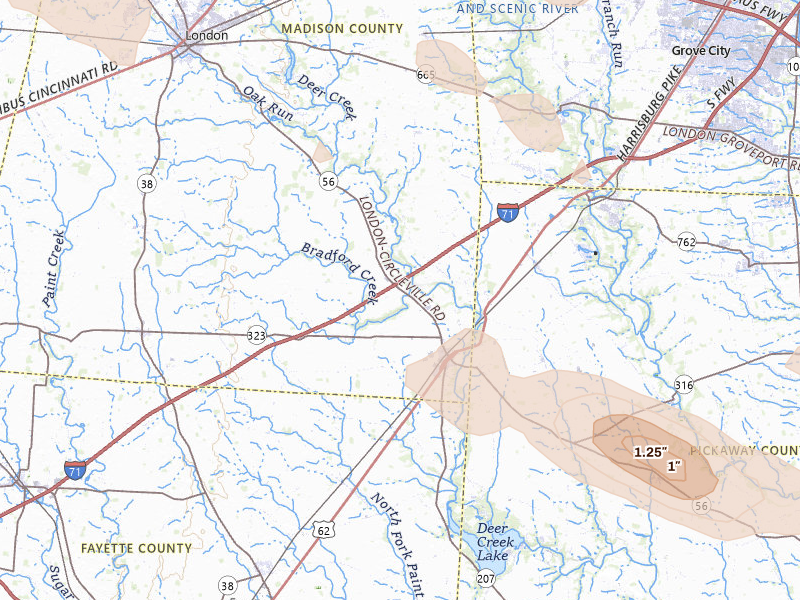 Radar-estimated hail-size map of the storm over Mount Sterling, OH on Jun 6, 2026