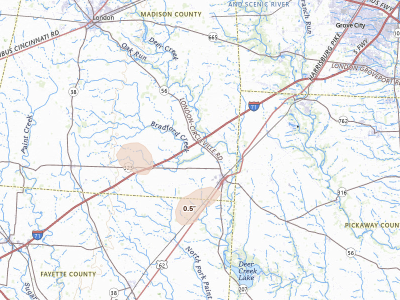 Radar-estimated hail-size map of the storm over Mount Sterling, OH on Jul 17, 2026