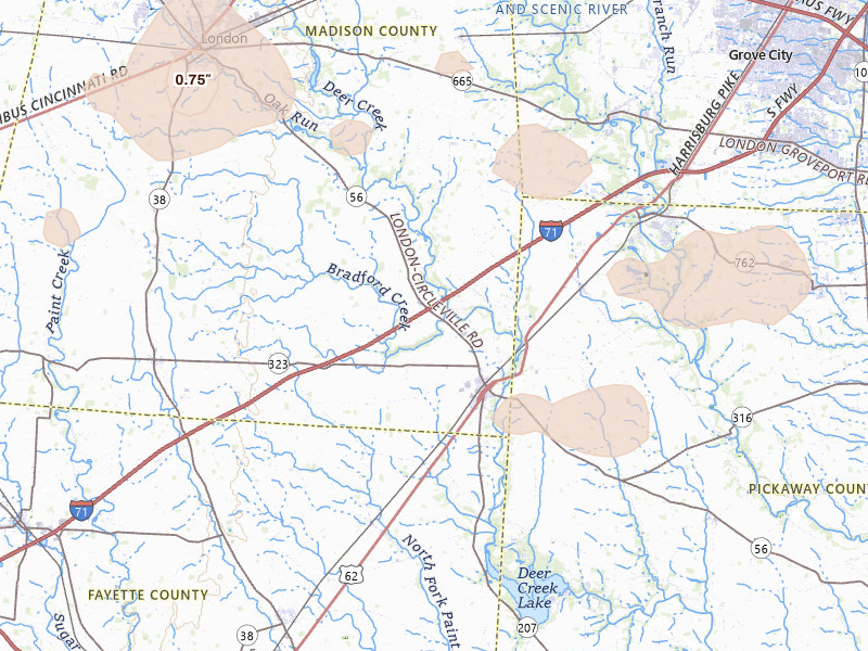 Radar-estimated hail-size map of the storm over Mount Sterling, OH on Aug 11, 2026