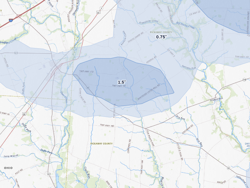 NEXRAD radar-signature map of the hail storm over Mount Sterling, OH on Aug 11, 2026