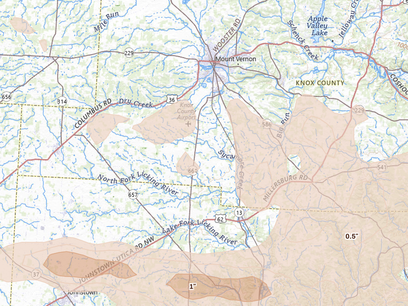 Radar-estimated hail-size map of the storm over Mount Vernon, OH on Mar 22, 2026