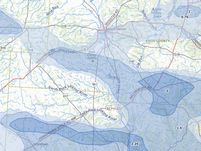 NEXRAD radar-signature map of the hail storm over Mount Vernon, OH on Mar 22, 2026