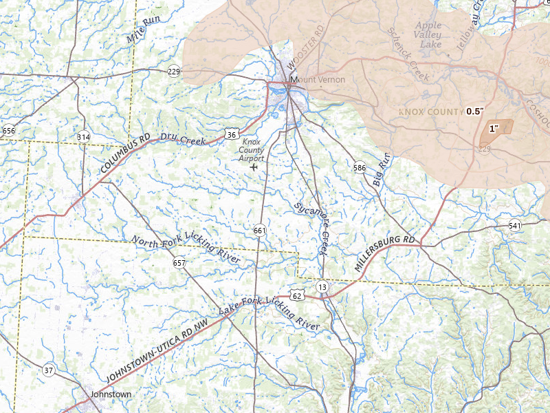 Radar-estimated hail-size map of the storm over Mount Vernon, OH on Mar 26, 2026