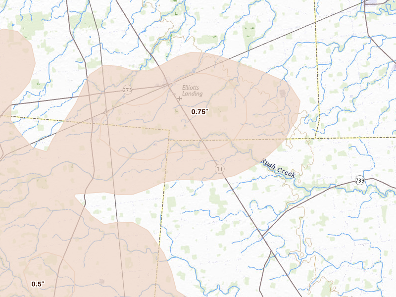 Radar-estimated hail-size map of the storm over Mount Victory, OH on Aug 10, 2026