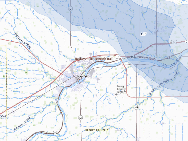 NEXRAD radar-signature map of the hail over Napoleon, OH