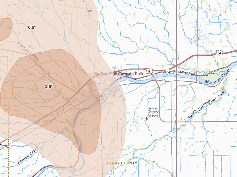 Radar-estimated hail-size map of the storm over Napoleon, OH on Apr 22, 2026