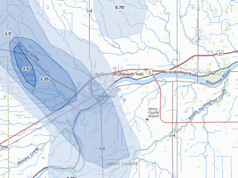 NEXRAD radar-signature map of the hail storm over Napoleon, OH on Apr 22, 2026