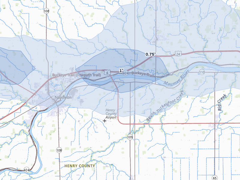 NEXRAD radar-signature map of the hail storm over Napoleon, OH on Aug 10, 2026