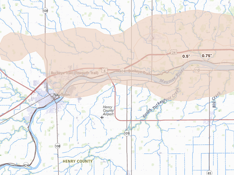Radar-estimated hail-size map of the storm over Napoleon, OH on Aug 22, 2026