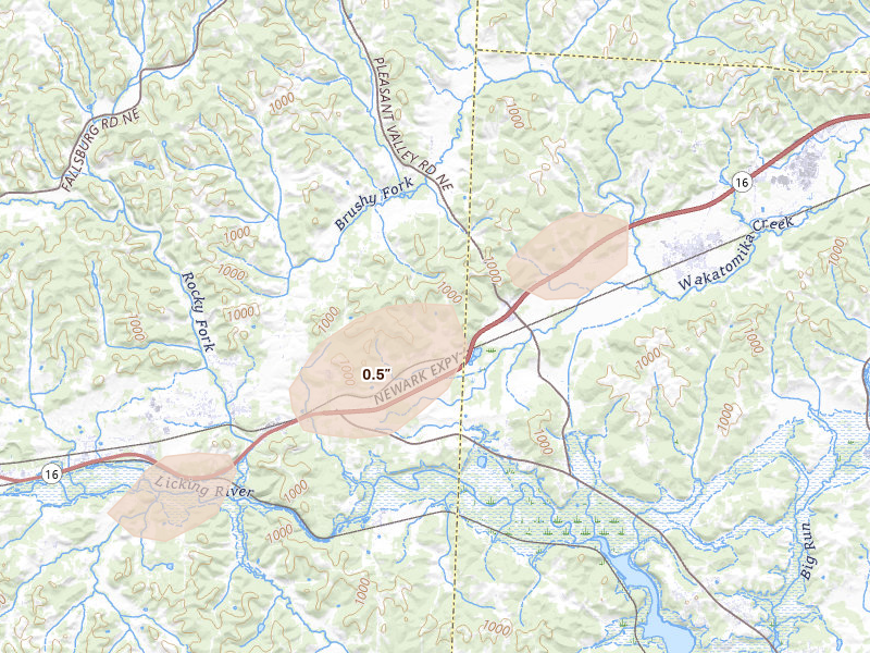 Radar-estimated hail-size map of the storm over Nashport, OH on Mar 7, 2026