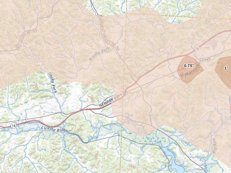 Radar-estimated hail-size map of the storm over Nashport, OH on Mar 22, 2026