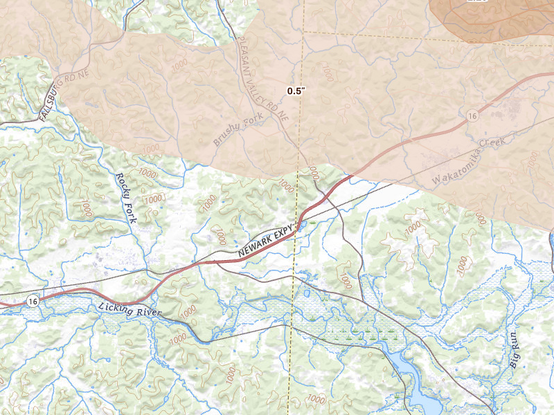 Radar-estimated hail-size map of the storm over Nashport, OH on Jun 6, 2026