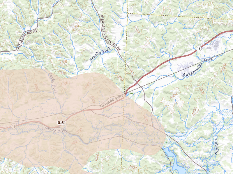 Radar-estimated hail-size map of the storm over Nashport, OH on Jul 21, 2026
