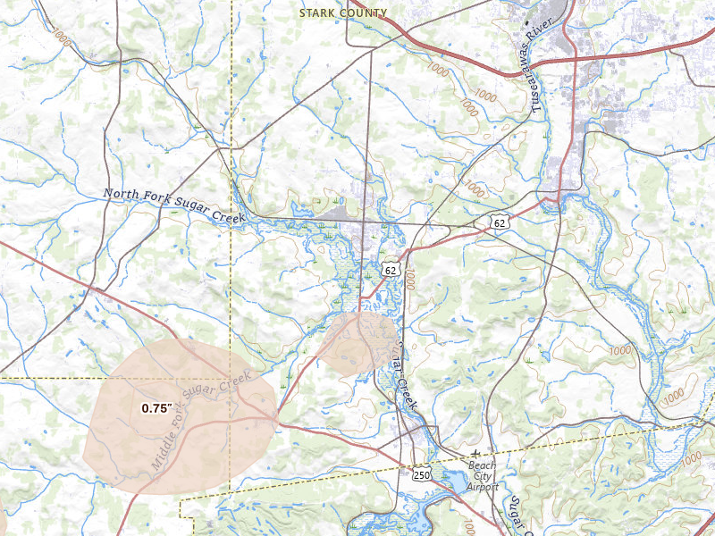 Radar-estimated hail-size map of the storm over Navarre, OH on Mar 22, 2026