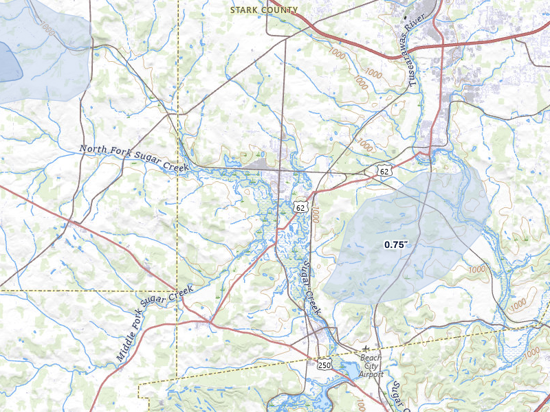 NEXRAD radar-signature map of the hail over Navarre, OH
