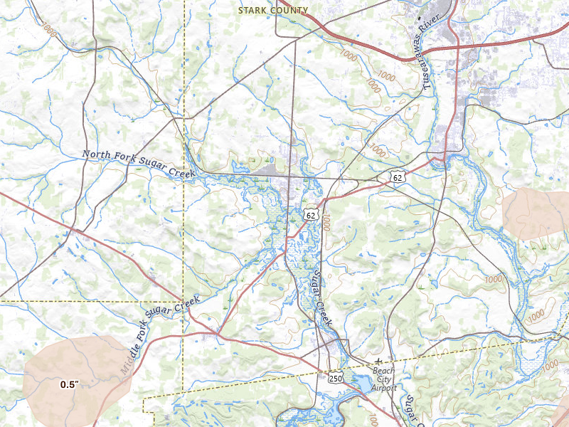 Radar-estimated hail-size map of the storm over Navarre, OH on Jul 4, 2026