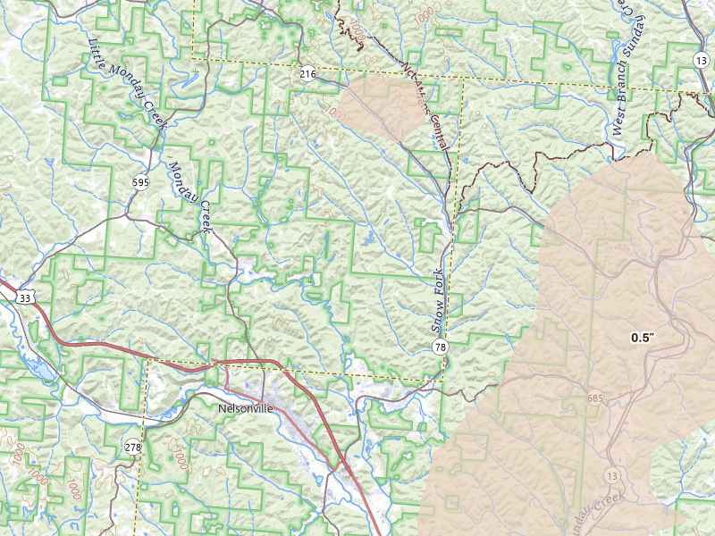Radar-estimated hail-size map of the storm over Nelsonville, OH on Jul 17, 2026