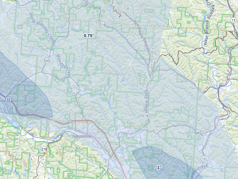 NEXRAD radar-signature map of the hail over Nelsonville, OH