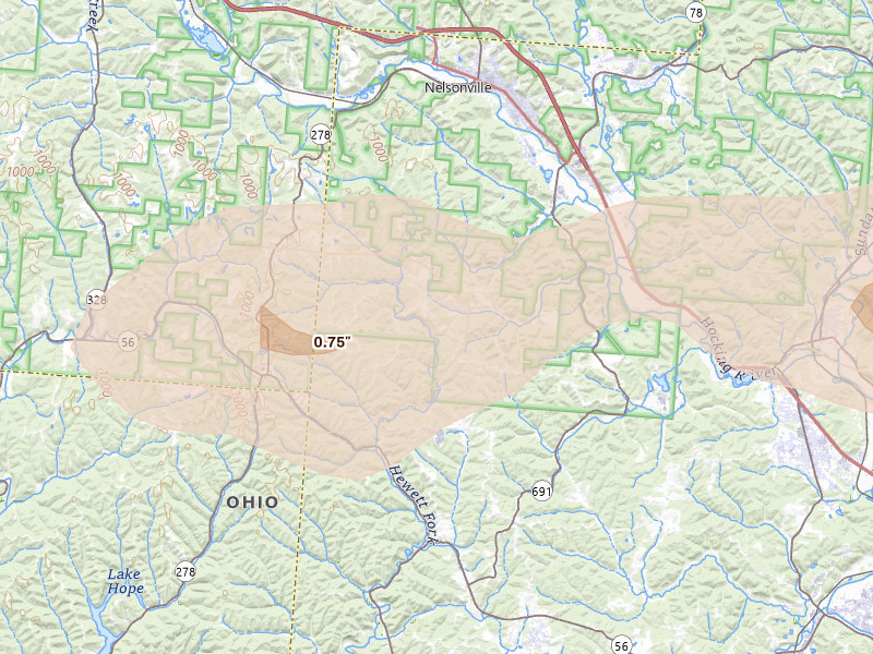 Radar-estimated hail-size map of the storm over Nelsonville, OH on Aug 8, 2026