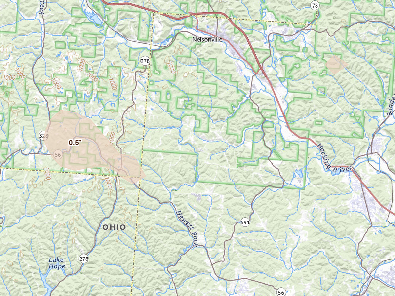 Radar-estimated hail-size map of the storm over Nelsonville, OH on Aug 10, 2026