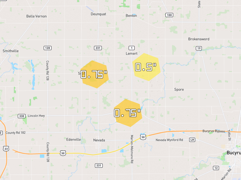 Hail map of Nevada, OH on Jul 21, 2026, hail up to 0.75"