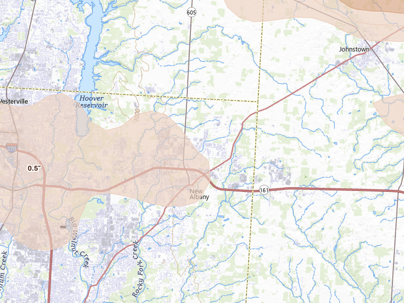 Radar-estimated hail-size map of the storm over New Albany, OH on Mar 22, 2026