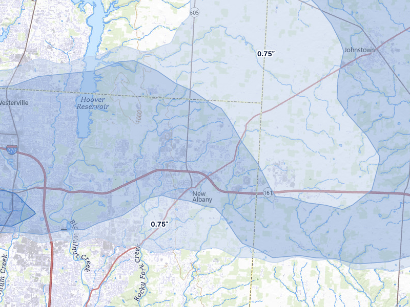 NEXRAD radar-signature map of the hail storm over New Albany, OH on Mar 22, 2026