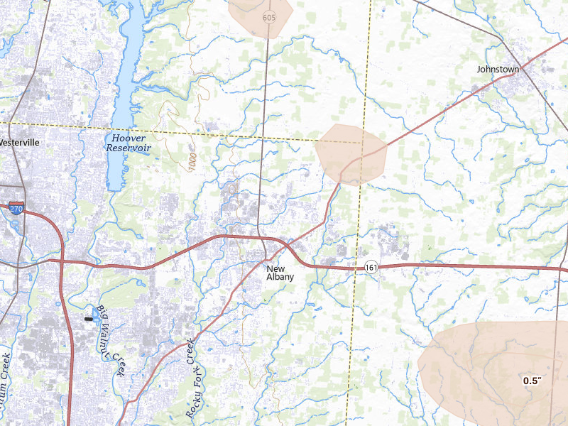 Radar-estimated hail-size map of the storm over New Albany, OH on Apr 22, 2026