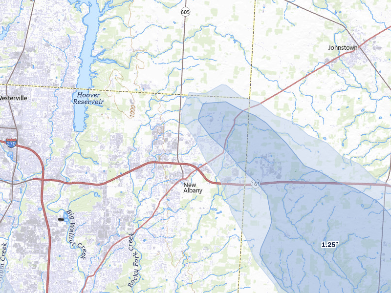 NEXRAD radar-signature map of the hail storm over New Albany, OH on Apr 22, 2026