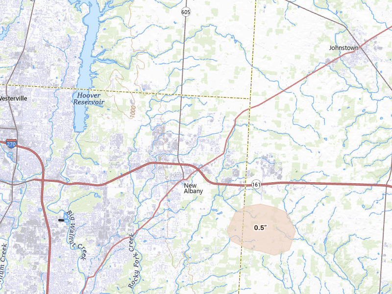 Radar-estimated hail-size map of the storm over New Albany, OH on Jun 25, 2026