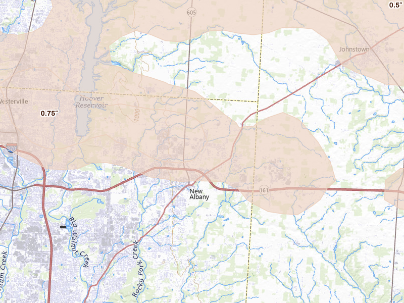 Radar-estimated hail-size map of the storm over New Albany, OH on Jul 21, 2026