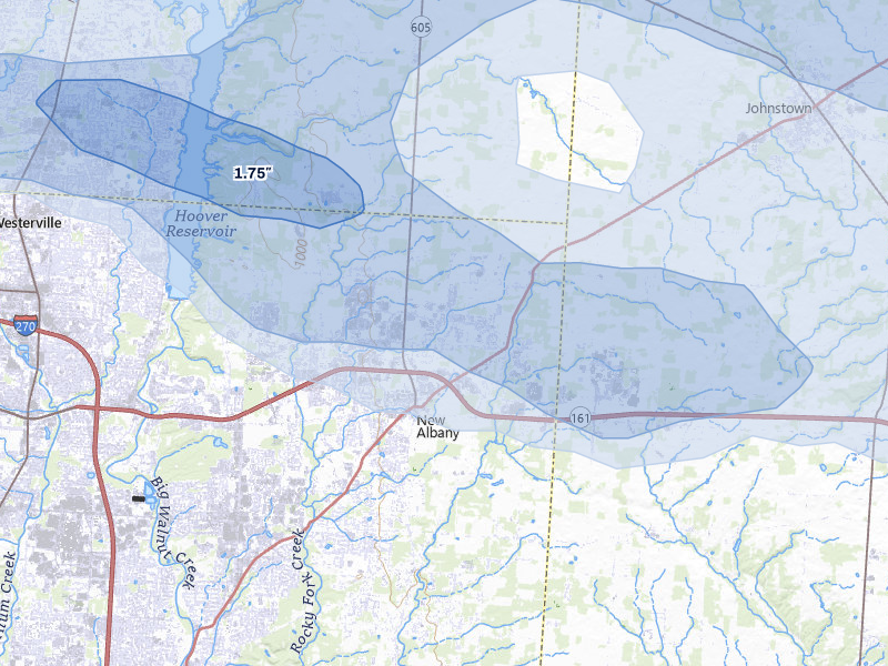 NEXRAD radar-signature map of the hail over New Albany, OH