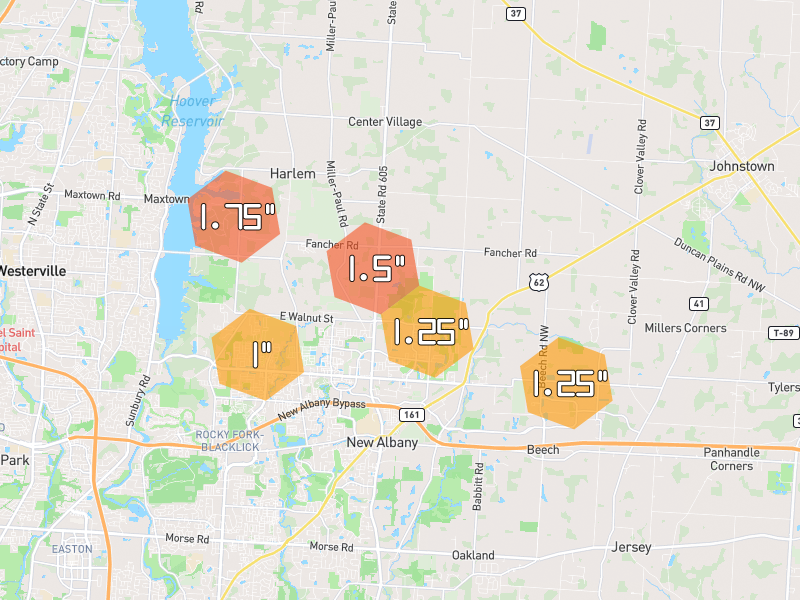 Hail map of New Albany, OH on Jul 21, 2026, hail up to 1.75"