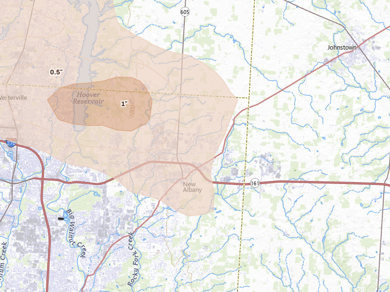 Radar-estimated hail-size map of the storm over New Albany, OH on Aug 8, 2026
